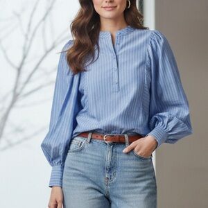 Anthropologie x CAARA Puff Sleeves Maglie Shirt Size XL Blue Buttons Pullover